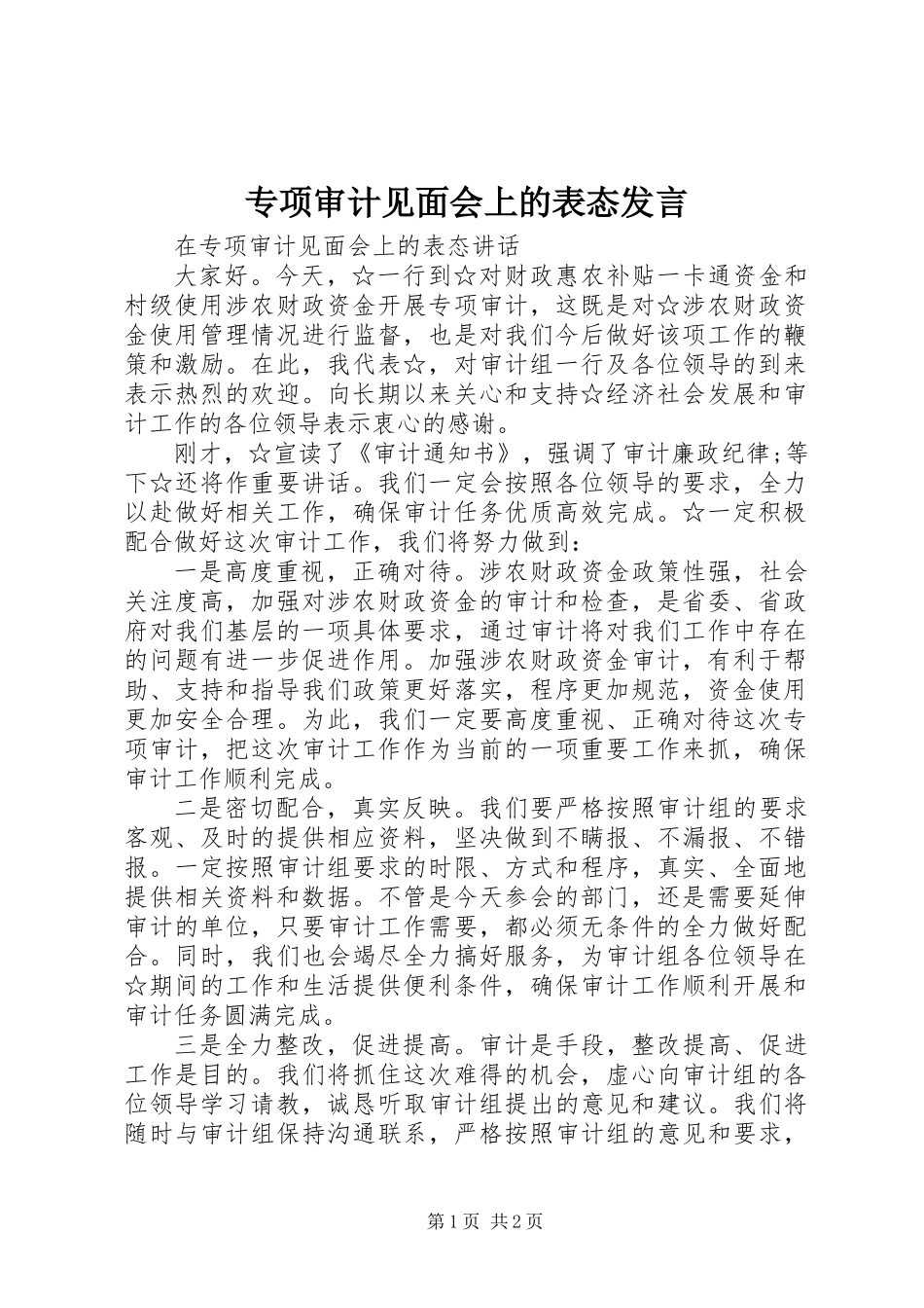 专项审计见面会上的表态发言_第1页