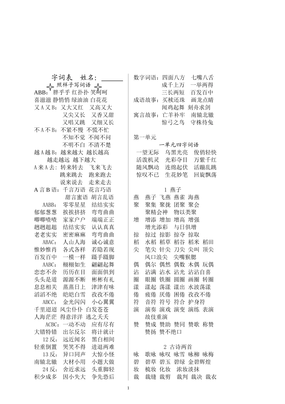 人教版三年级下册语文复习资料字词表_第1页