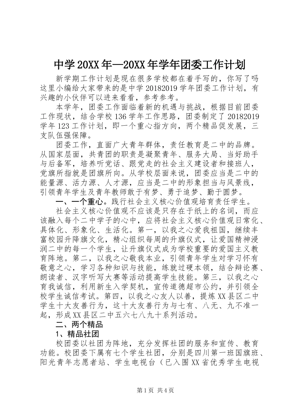 中学20XX年—20XX年学年团委工作计划_第1页