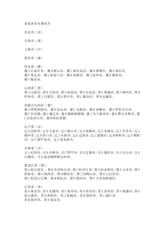 全国各省各市各自治区车牌代号