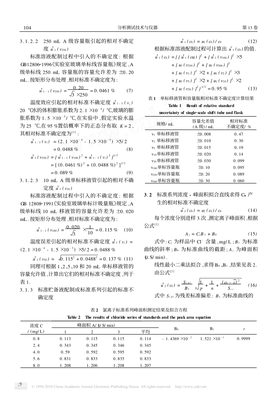 离子色谱法测定水样中氯离子的标准系列配制中测量不确定度评定_第3页