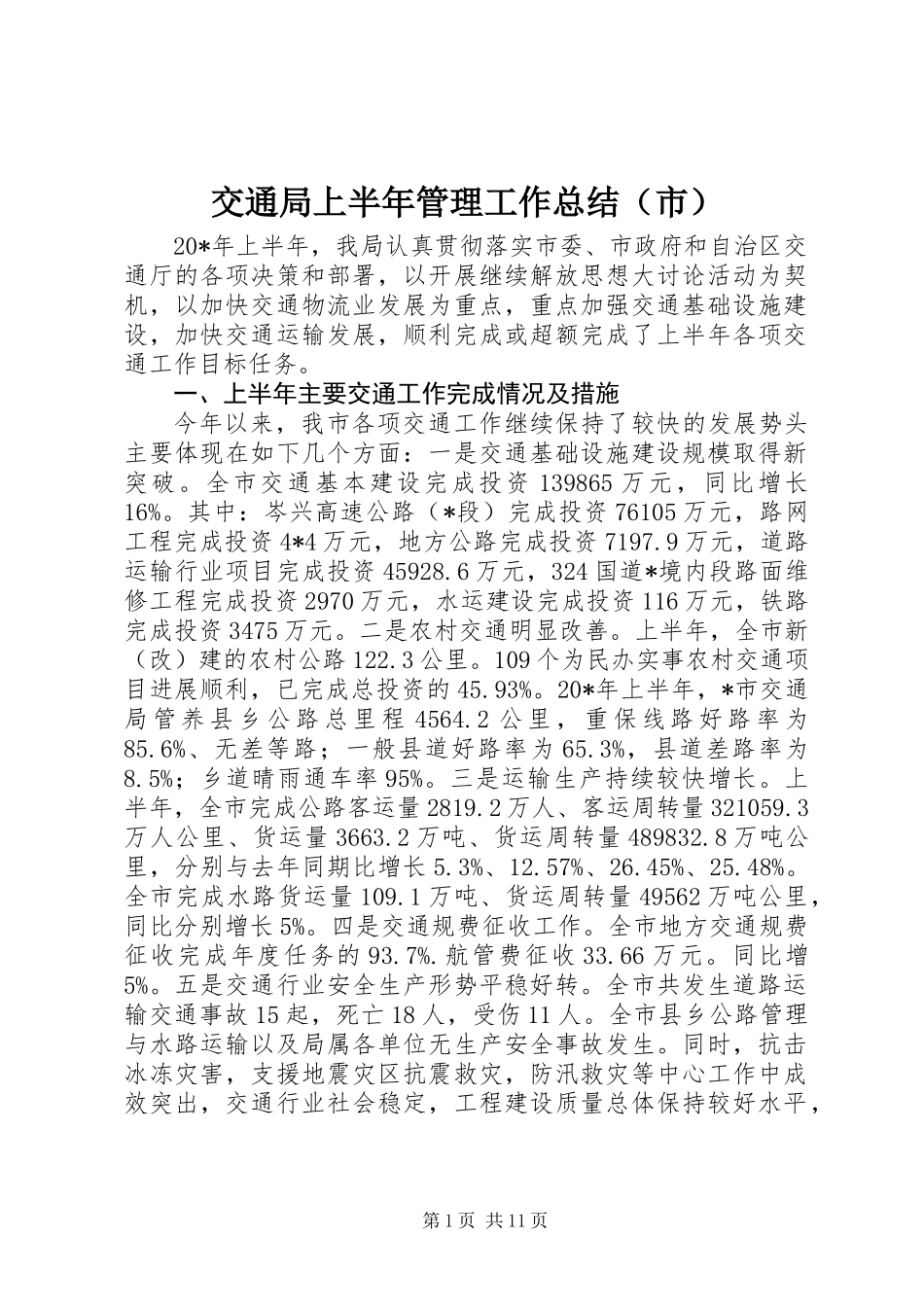 交通局上半年管理工作总结（市）_第1页
