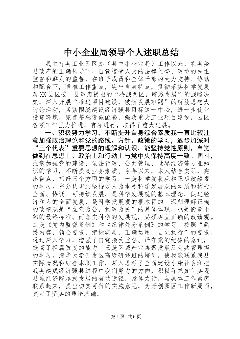 中小企业局领导个人述职总结_第1页