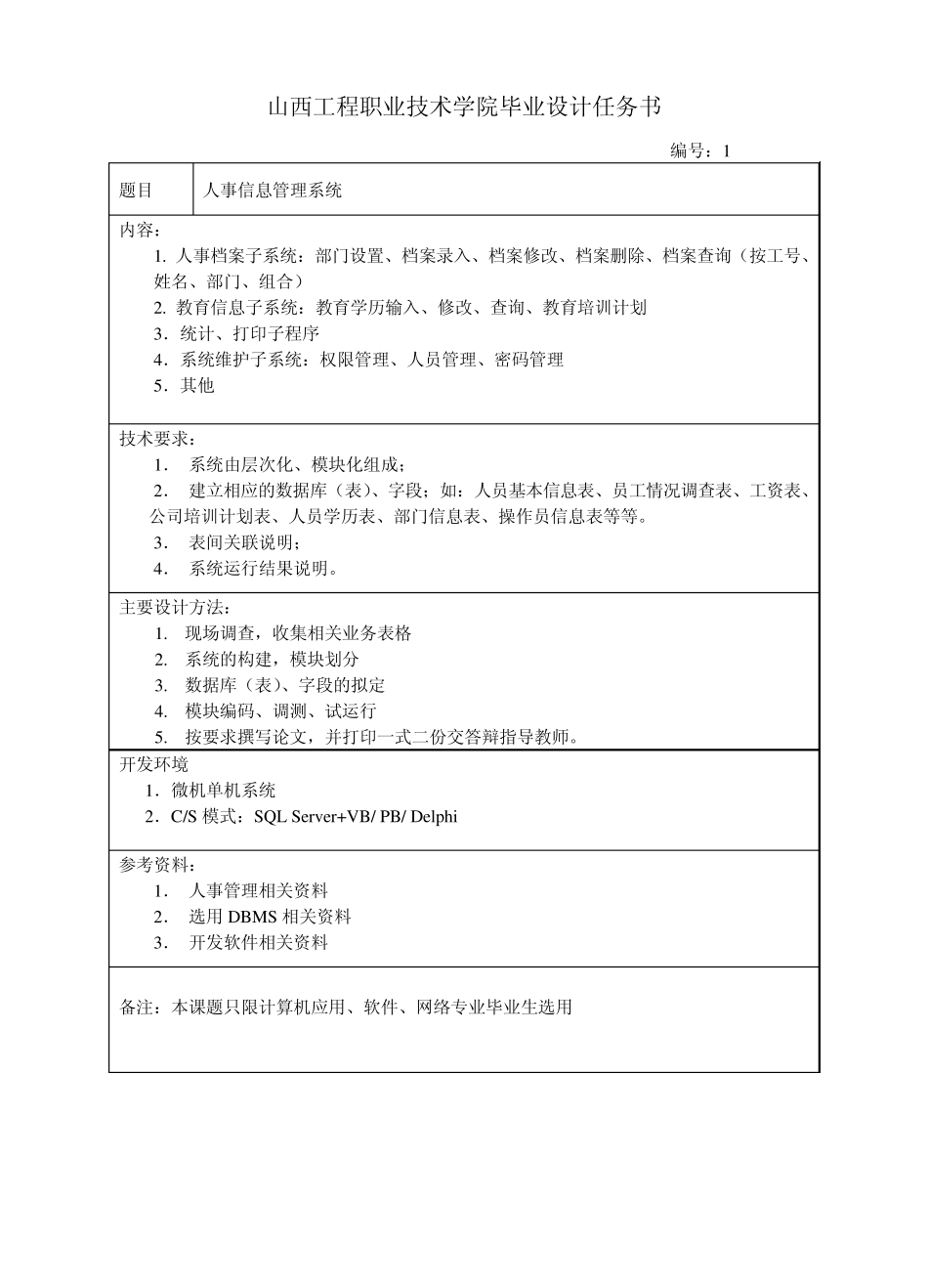 山西工程职业技术学院毕业设计任务书（夺分金卷）6个模板 _第1页