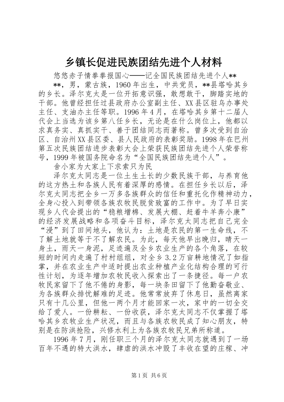 乡镇长促进民族团结先进个人材料_第1页