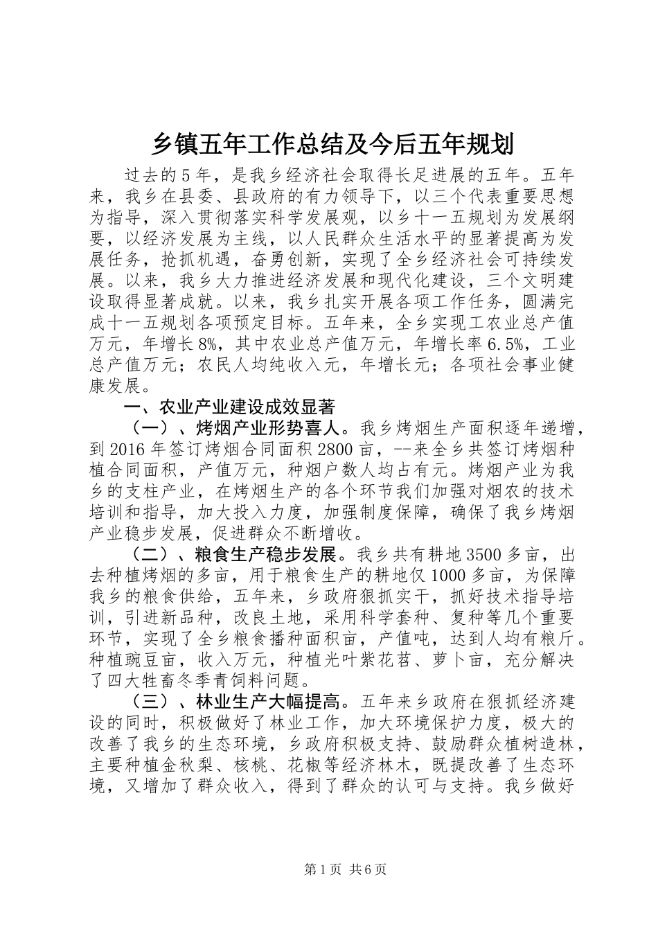 乡镇五年工作总结及今后五年规划_第1页