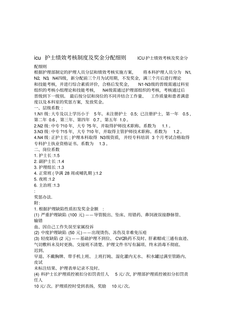 ICU护士绩效考核制度及奖金分配细则_第1页