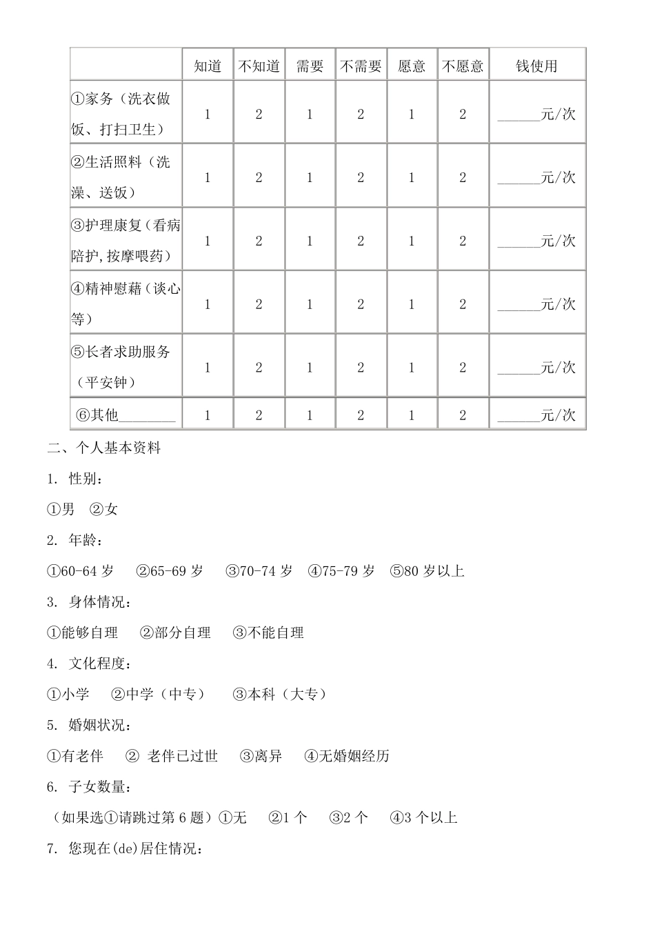 社区老人居家养老服务调查问卷 _第2页