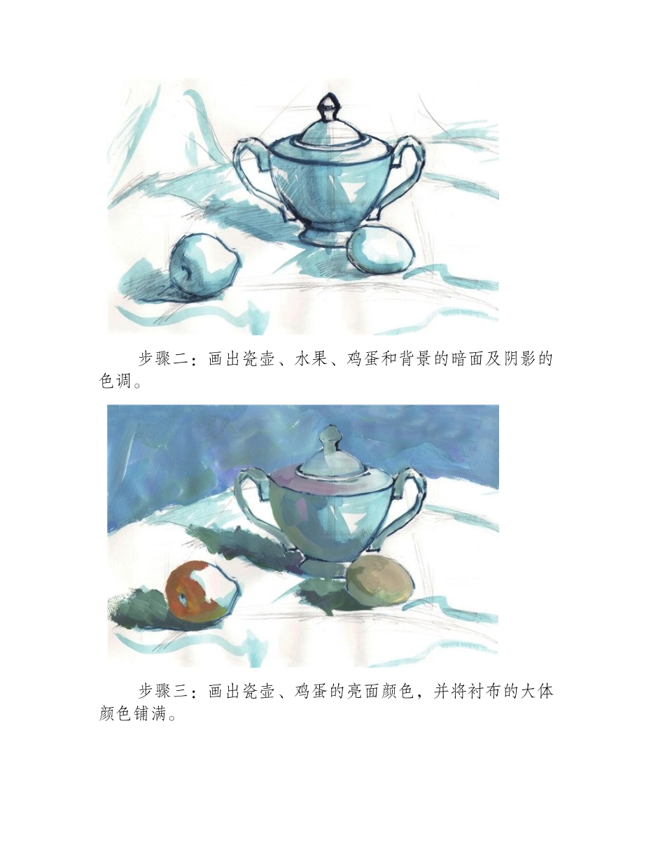 水粉静物组合步骤：瓷壶、水果和鸡蛋组合的教程水粉画教程1_第2页