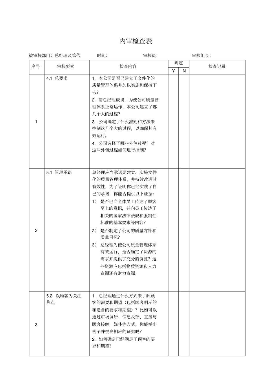 ISO9001：2008_内审检查表_第1页