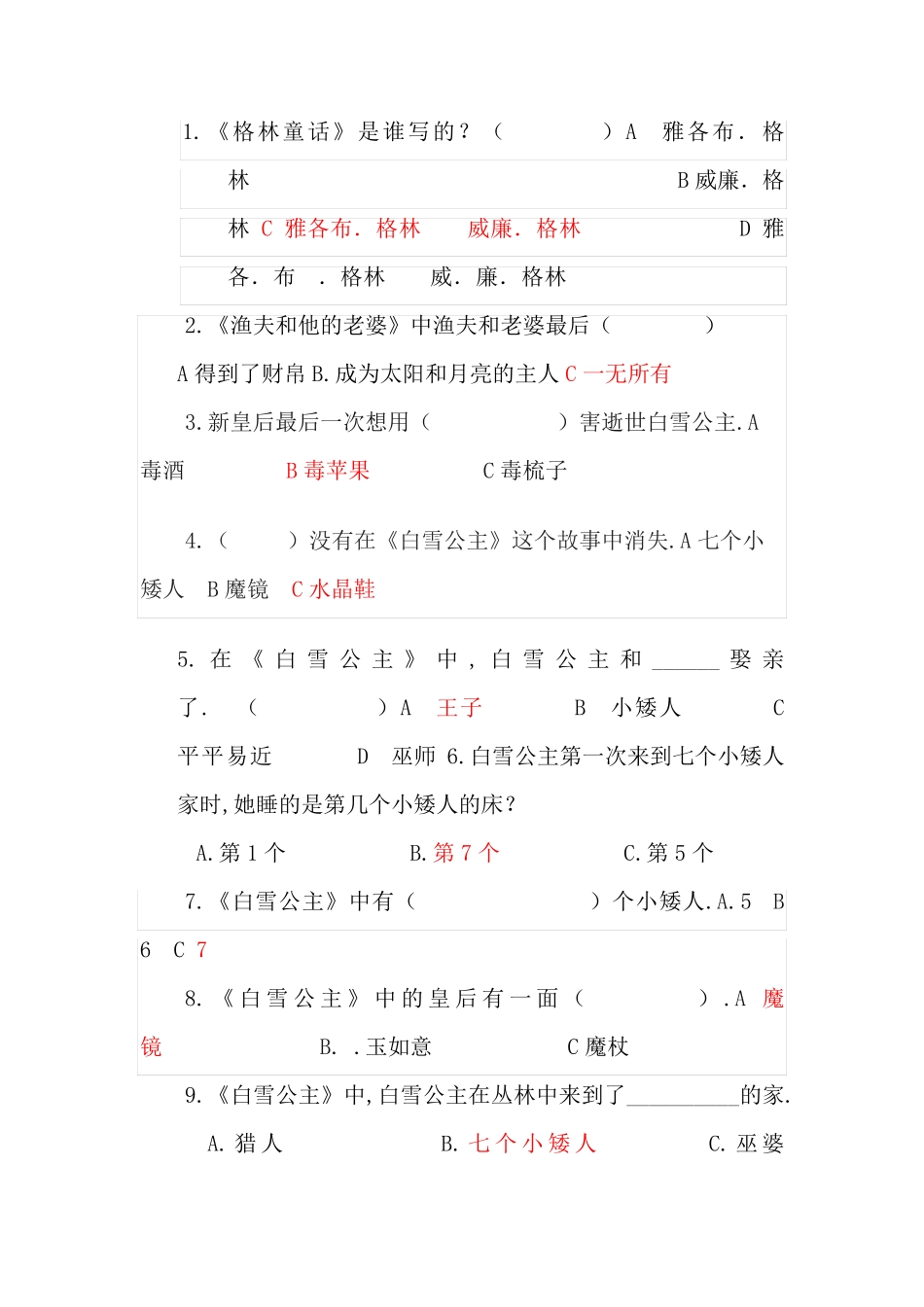 苏教版三年级课外阅读《格林童话》阅读测试题(含答案) _第2页