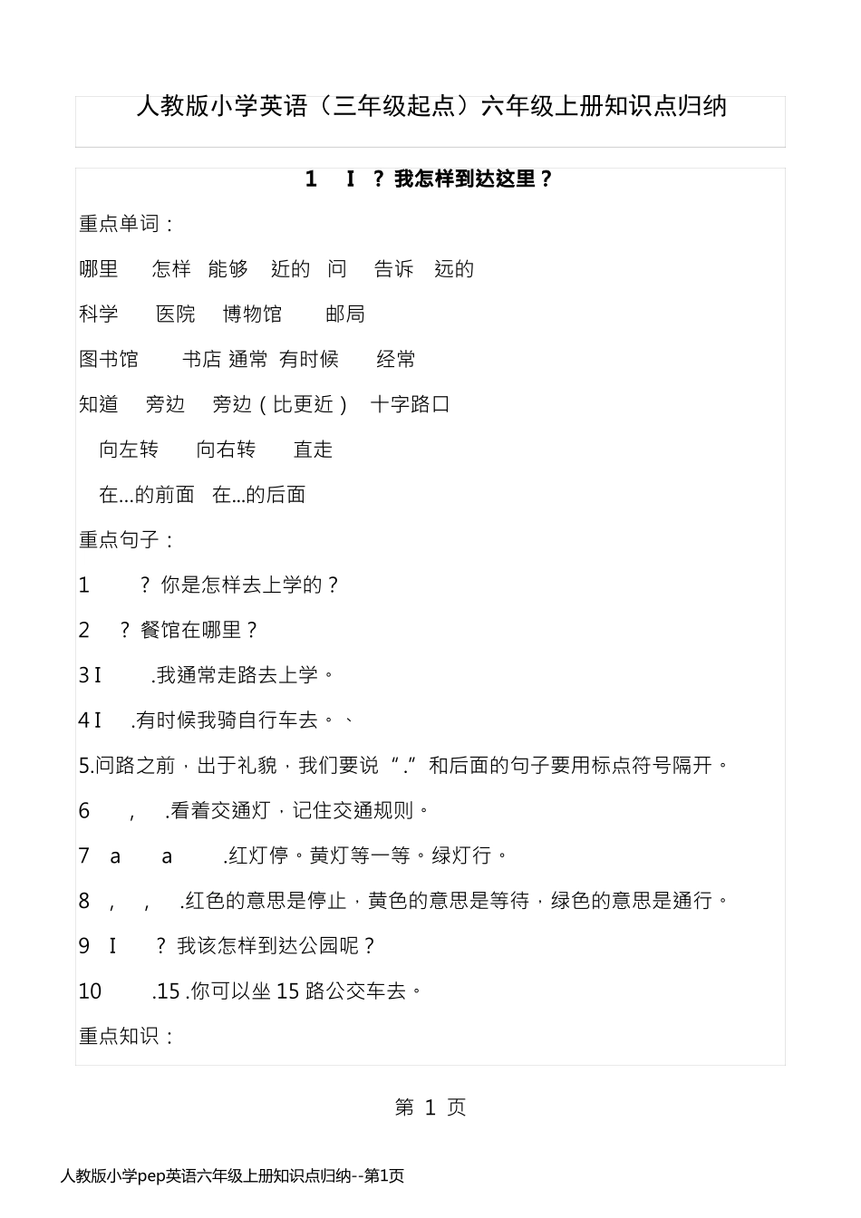 人教版小学pep英语六年级上册知识点归纳_第1页