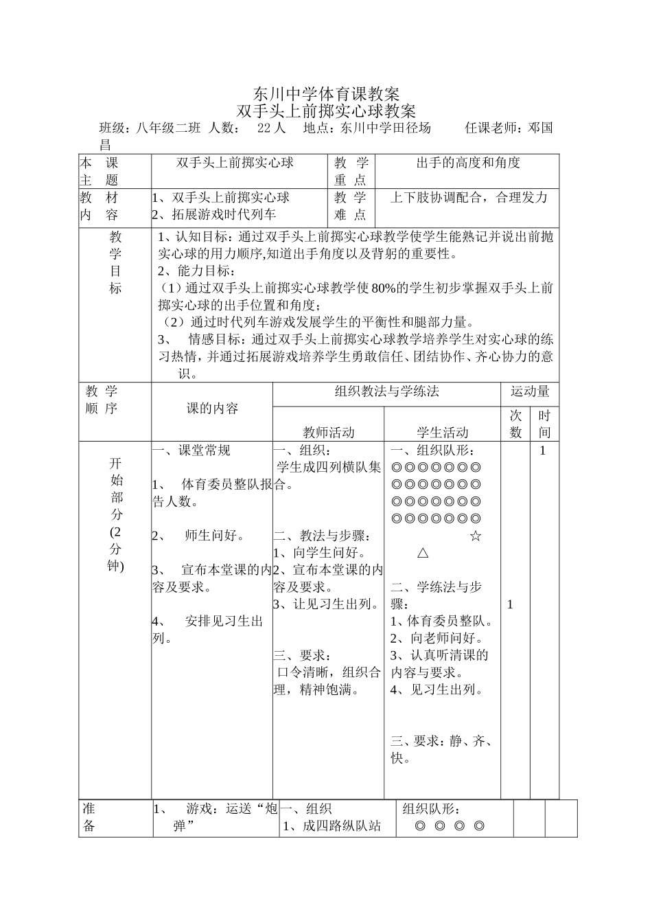 东川中学体育课教案双手投掷实心球_第1页