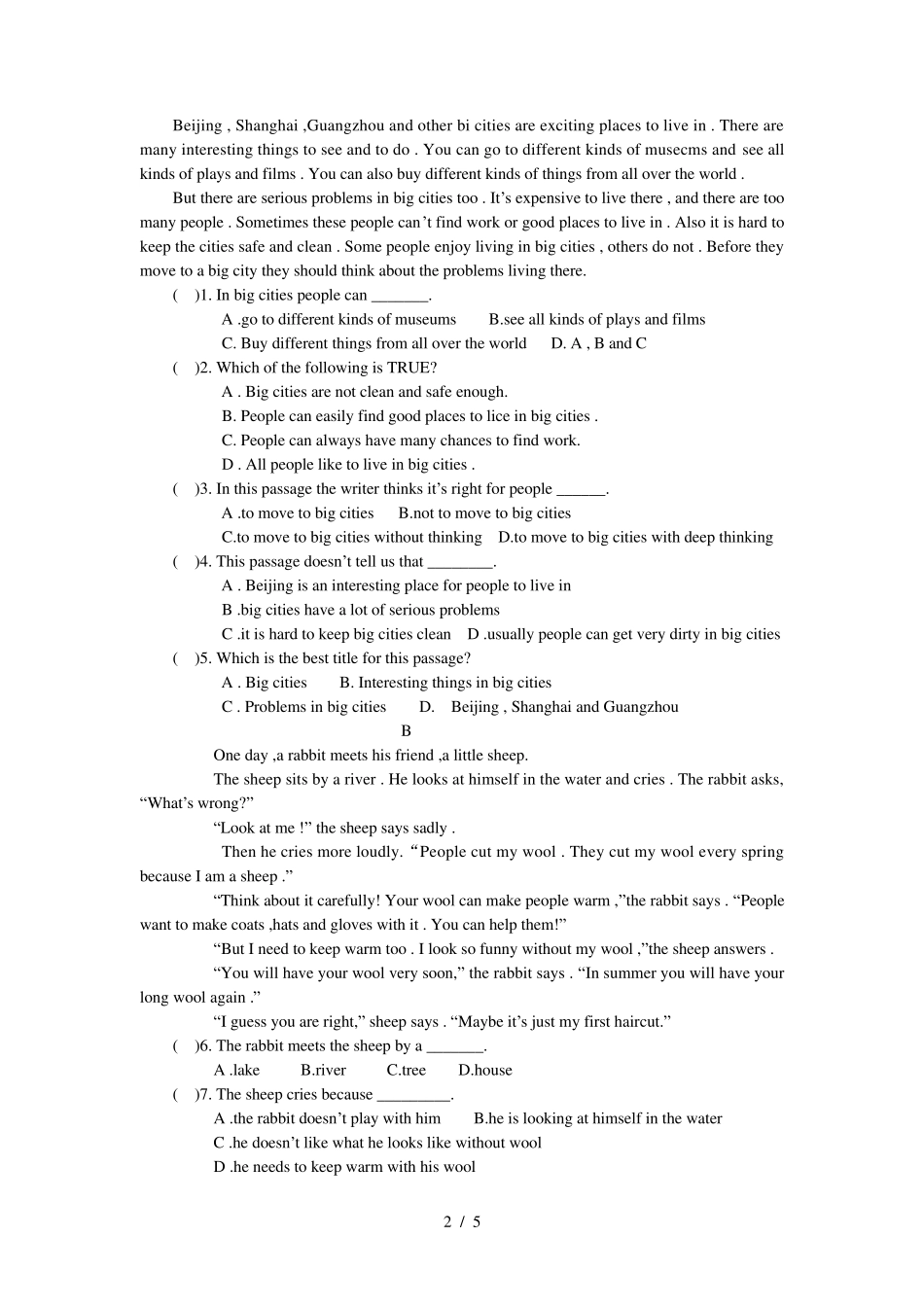 人教新目标英语七年级上册unit 8 单 元练习题(含答案) _第2页