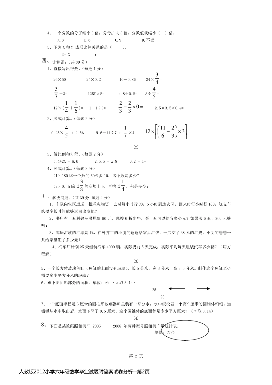 人教版2012小学六年级数学毕业试题附答案试卷分析_第2页