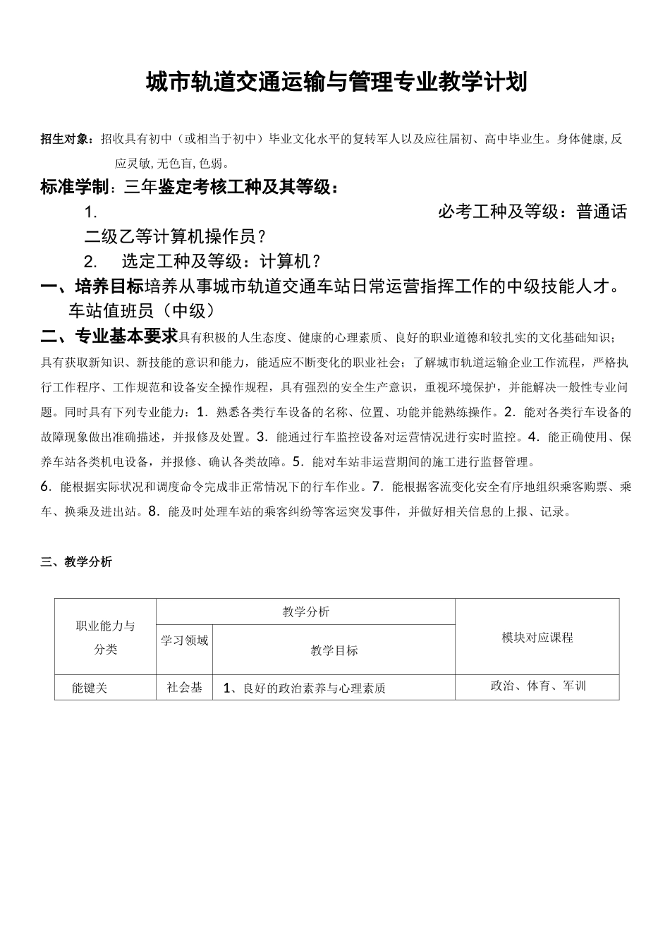 城市轨道交通运输与管理专业教学计划_第1页