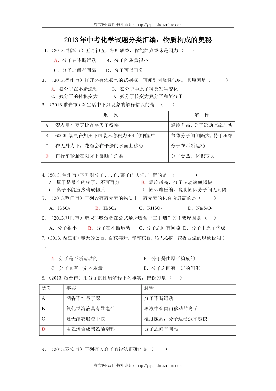 2013年全国各地中考化学真题分类汇编：物质构成的奥秘（31页word版含答案）_第1页
