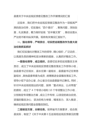县委关于中央巡视反馈意见整改工作开展情况的汇报 