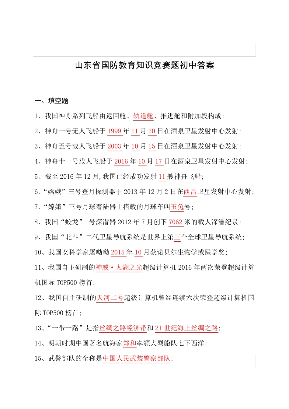 山东省国防教育知识竞赛题库初中_第1页