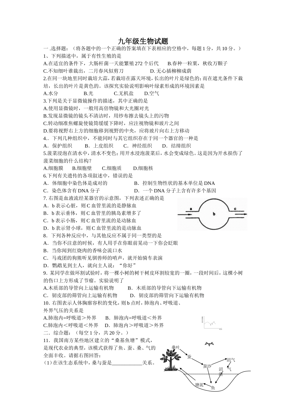 九年级期中考试2011生物试题_第1页