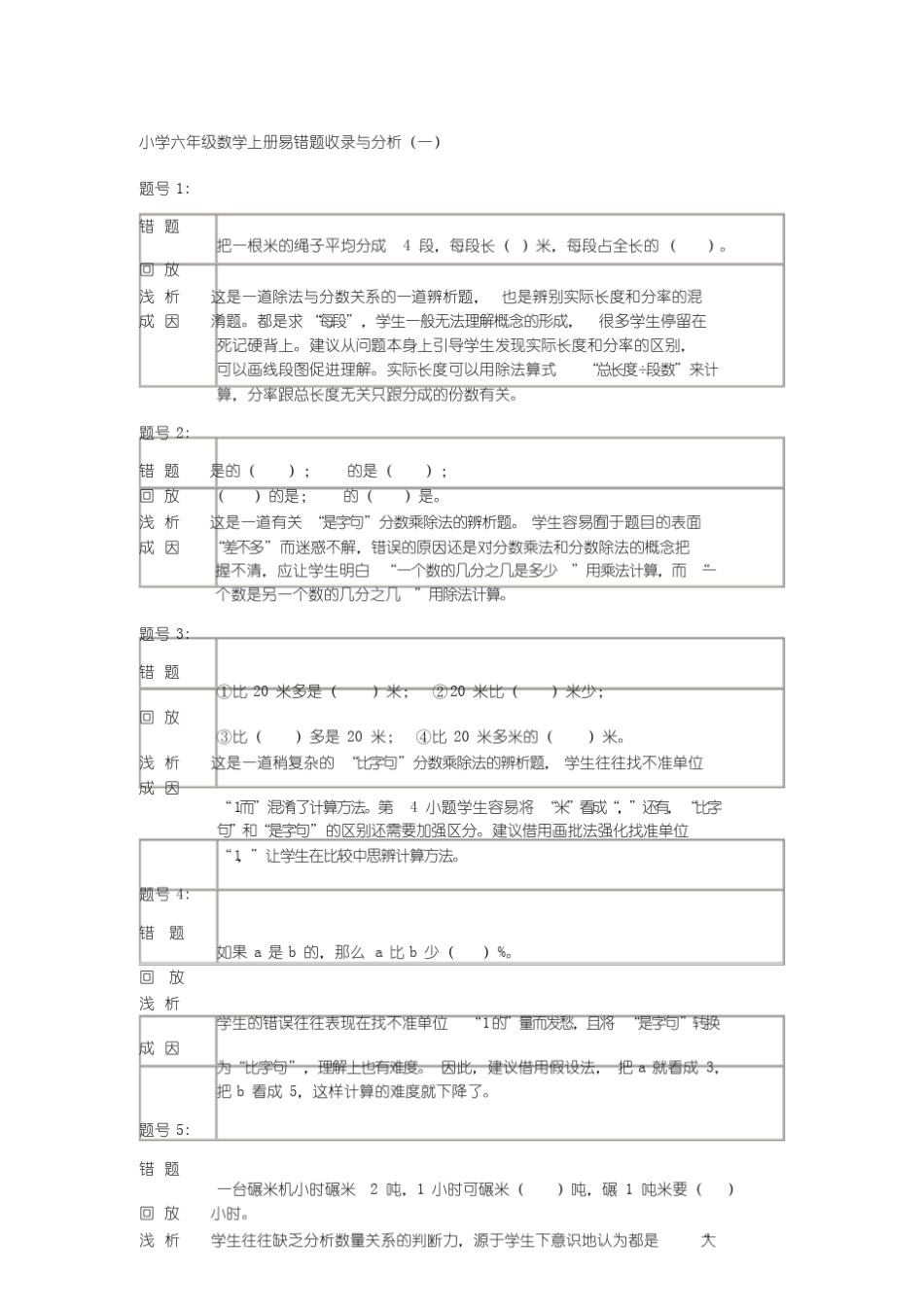 人教版小学数学六年级上册易错题收录与分析 _第1页