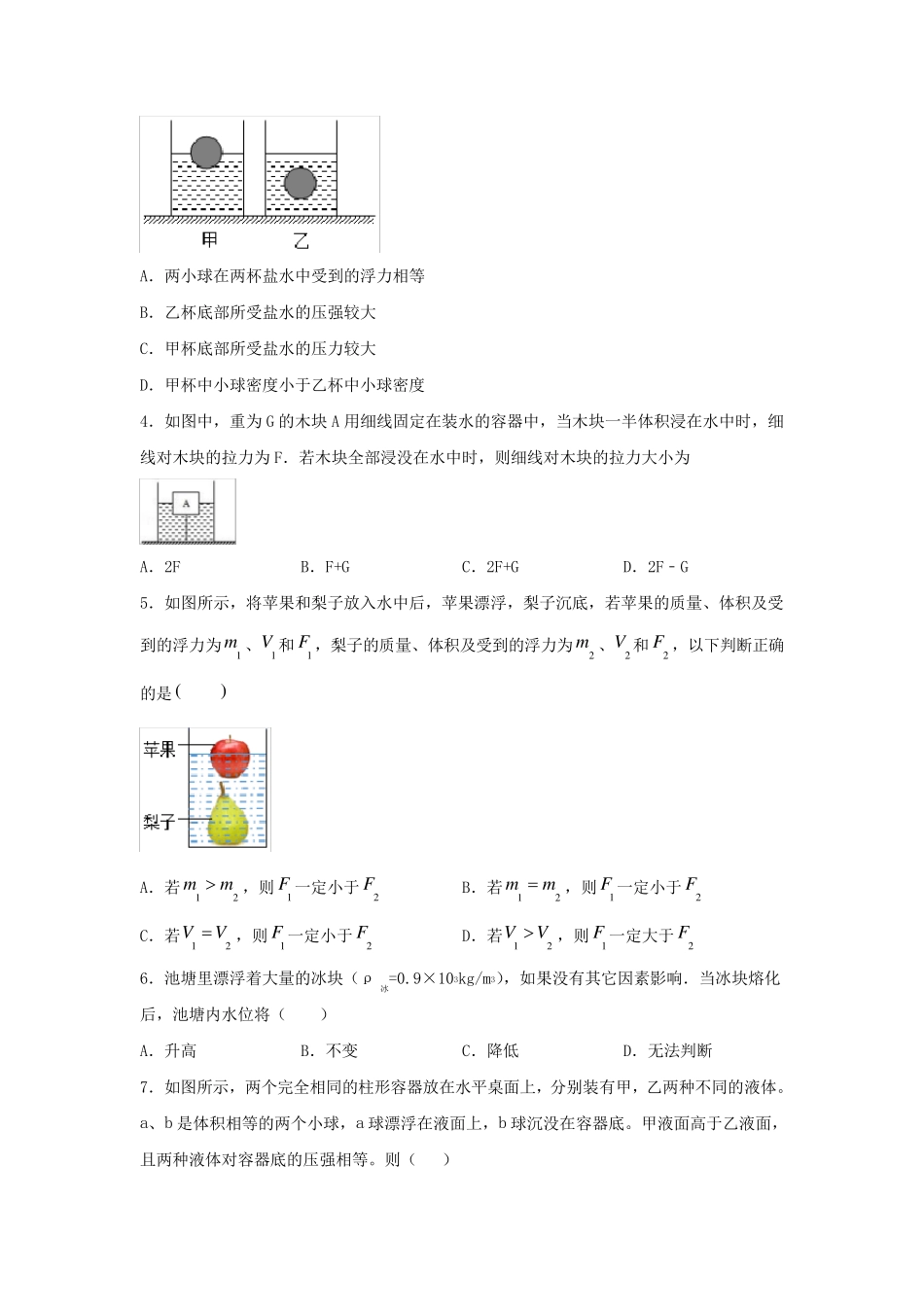 人教版八年级物理下册第十章《浮力》单元练习题(含答案) _第2页