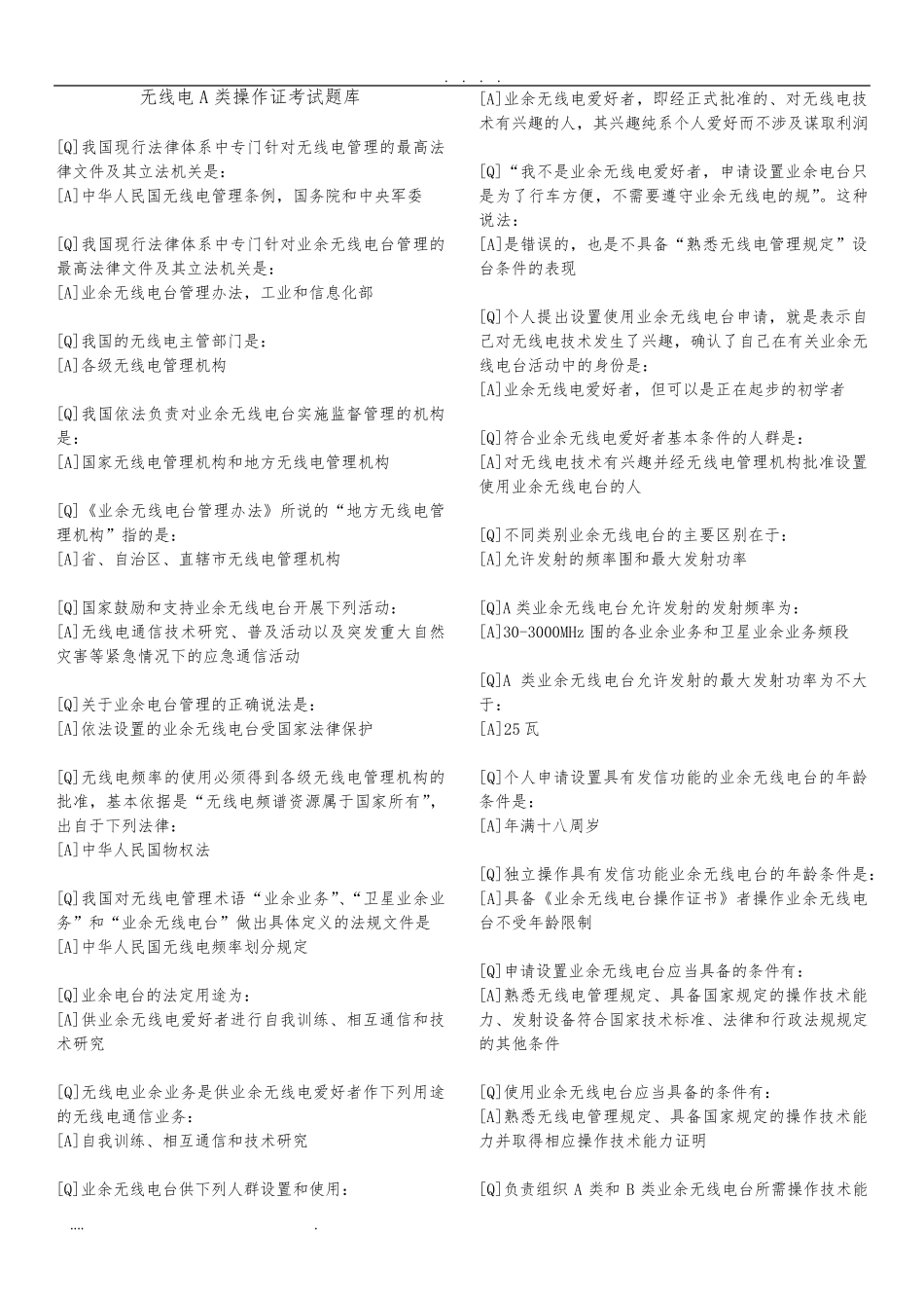 无线电A类操作证考试题库完整_第1页
