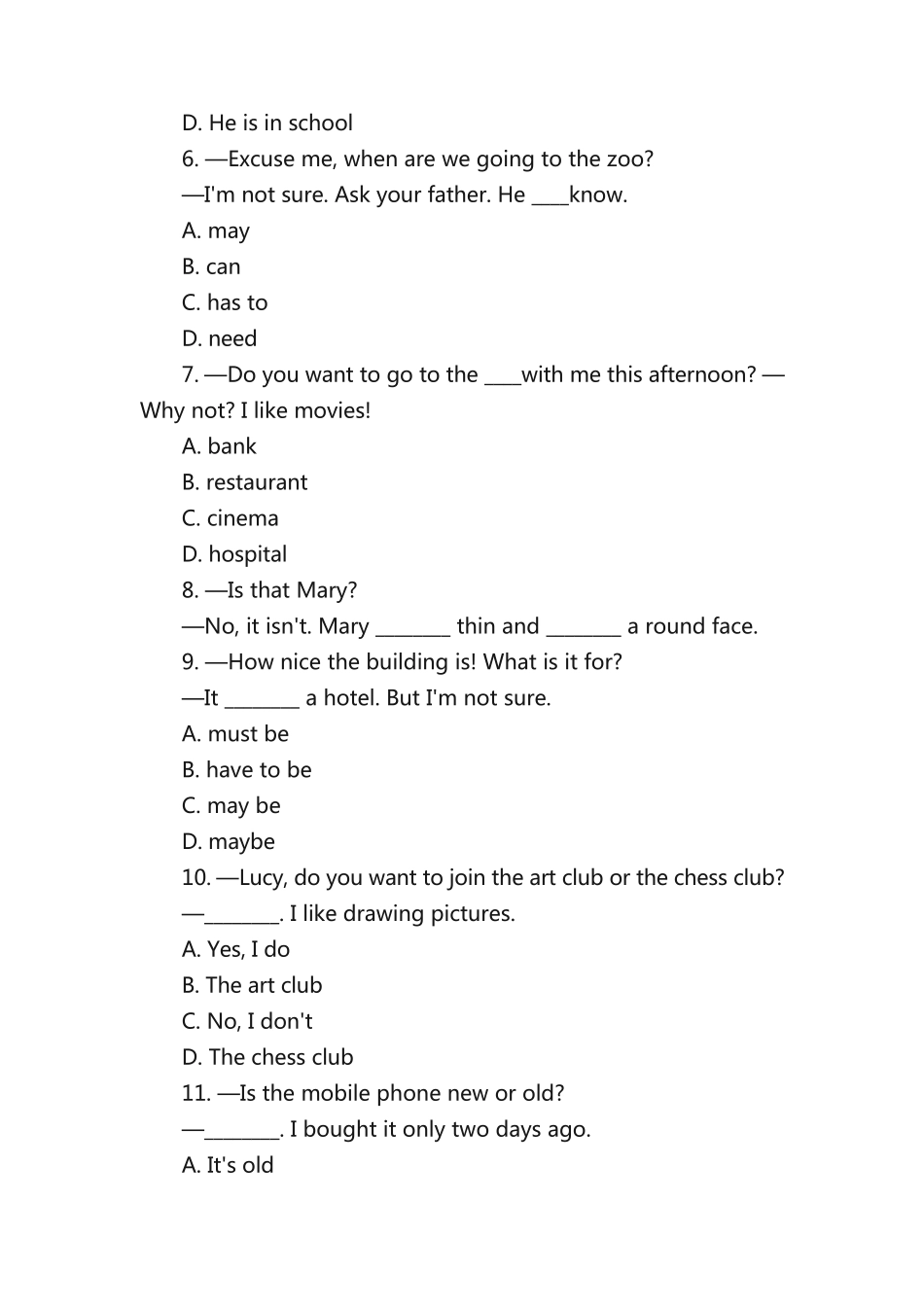 人教版七年级英语下册Unit9专项练习题单项选择(附答案) _第2页