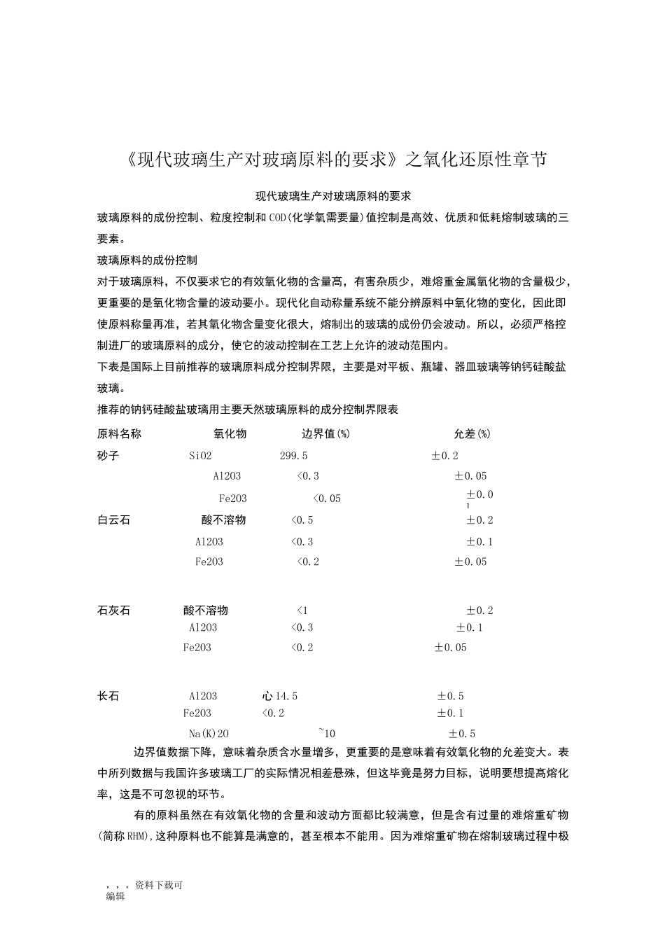 现代玻璃生产对玻璃原料的要求_第1页