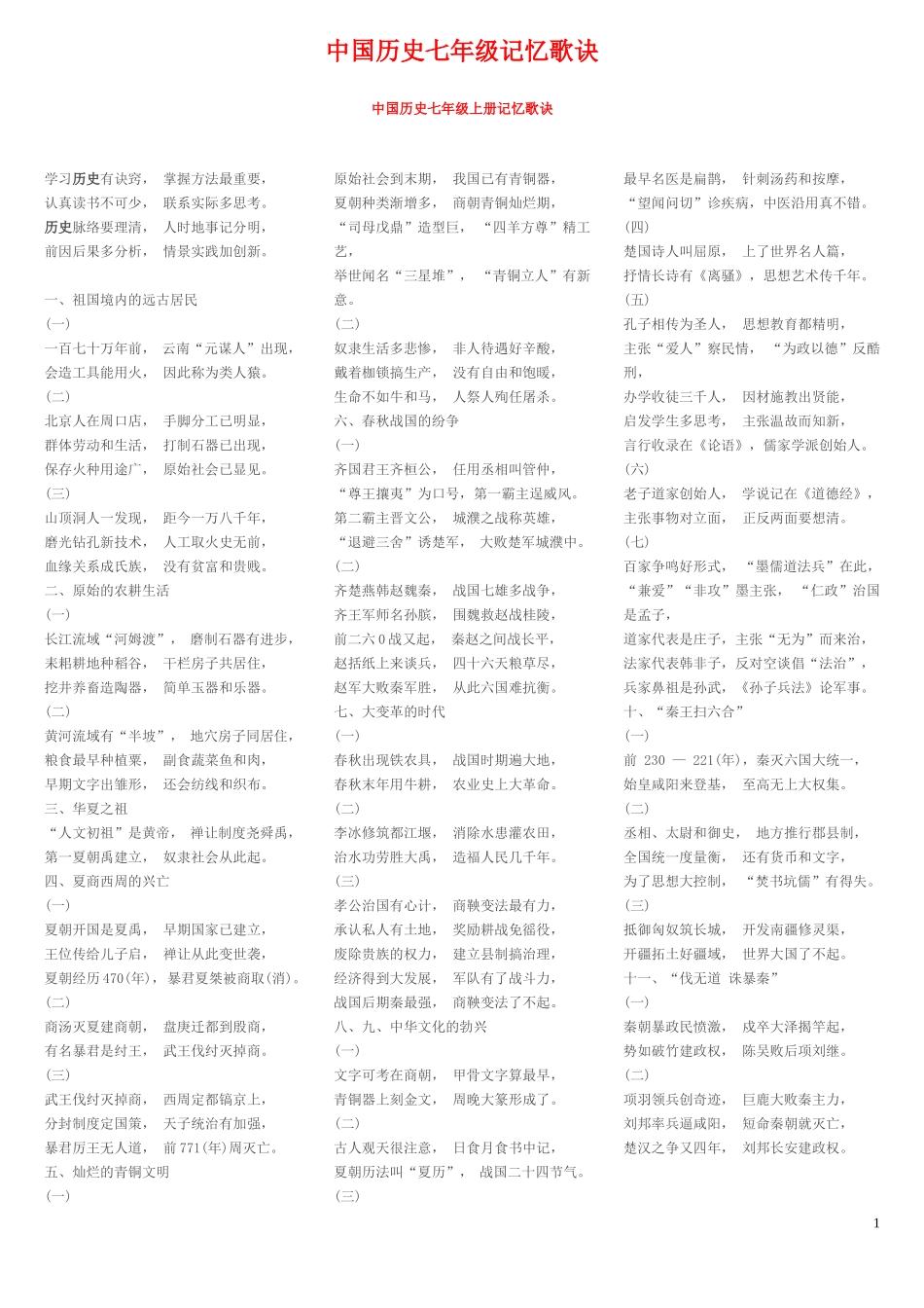 北师大借鉴版初中历史记忆歌诀_第1页