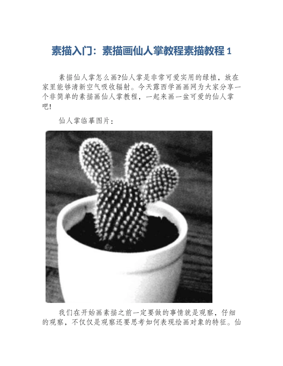 素描入门：素描画仙人掌教程素描教程1_第1页