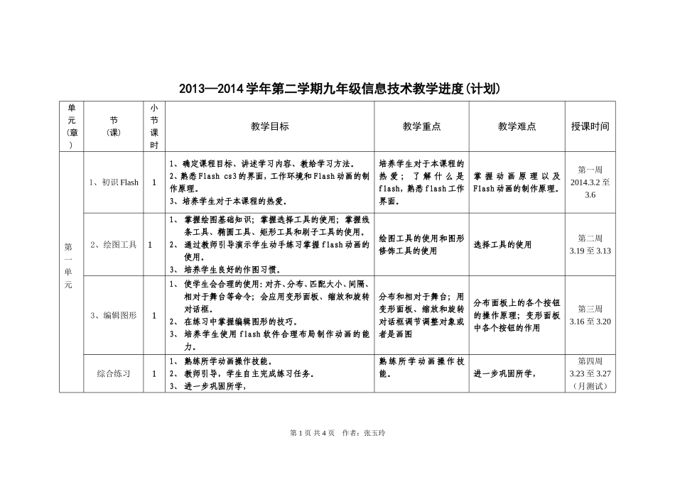 2013-2014学年九年级下册信息技术教学计划张玉玲_第1页