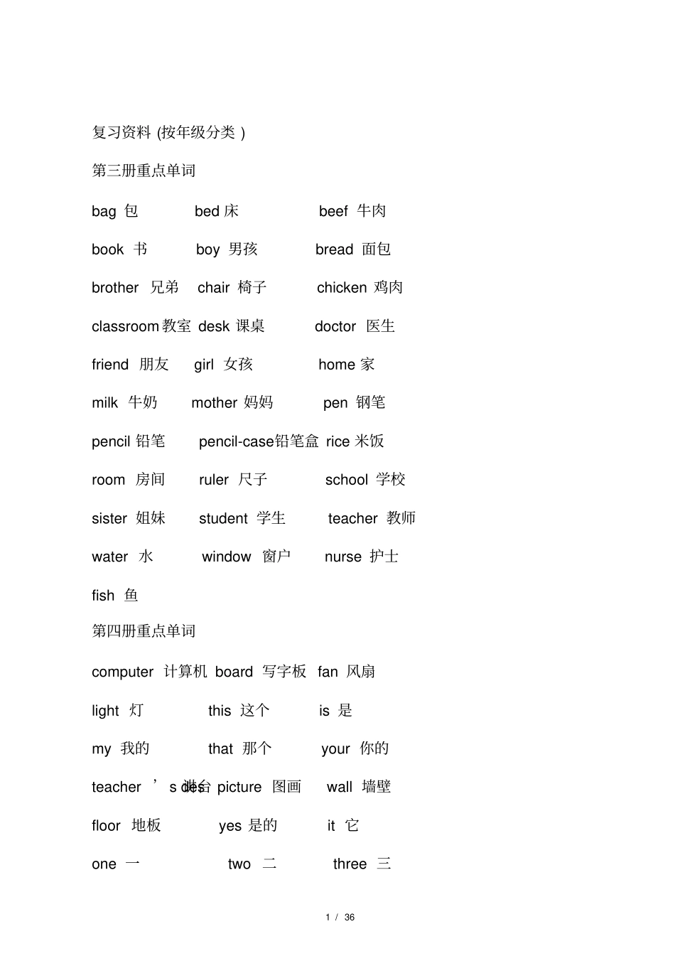 PEP小学英语毕业考单词、短语句子等_第1页