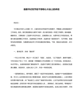 县委书记在节后干部收心大会上的讲话 