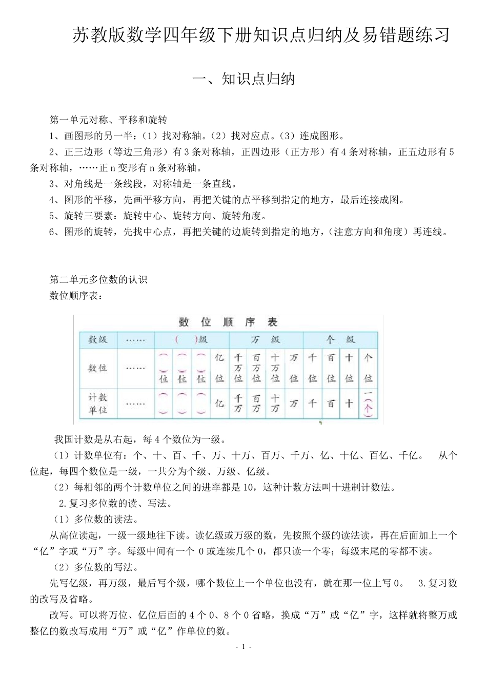 苏教版数学四年级下册知识点归纳及易错题练习_第1页