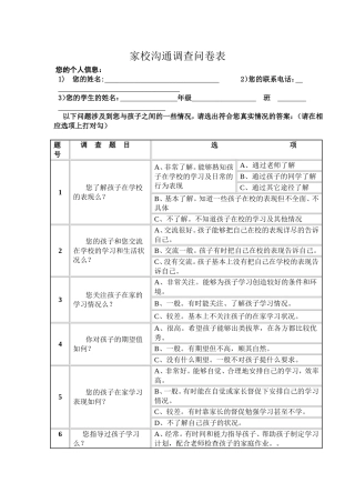 家校沟通调查问卷表