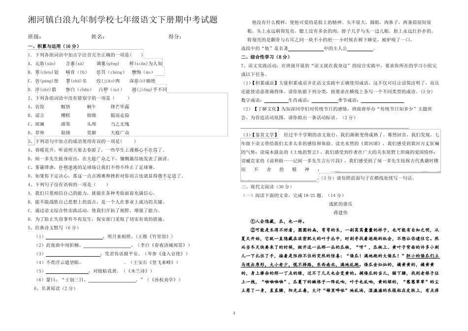 七年级语文下册期中考试题_第1页