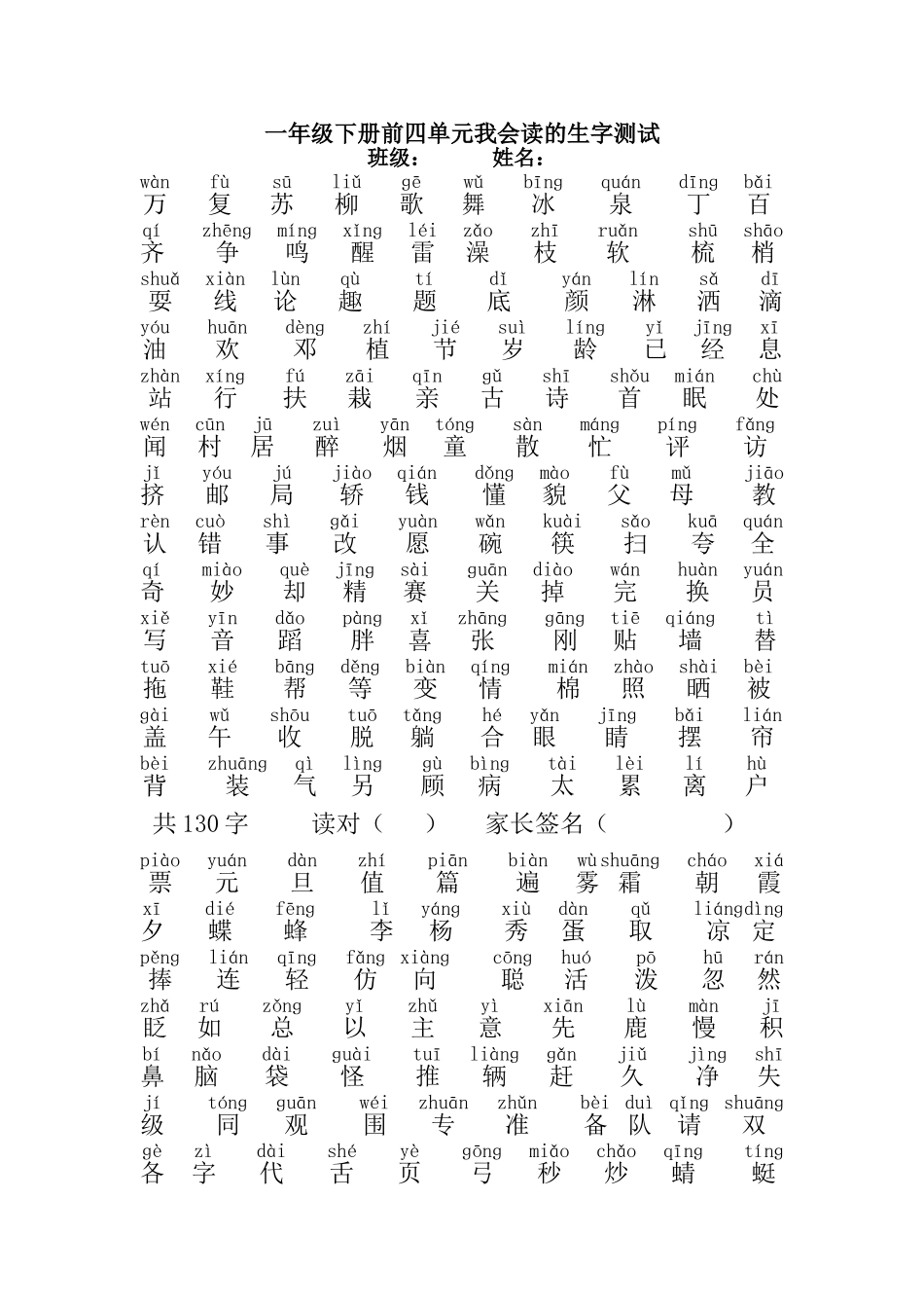 一年级下册前四单元我会读的生字测试_第1页