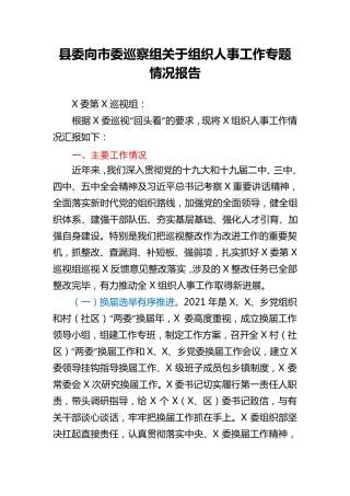 县委向市委巡察组关于组织人事工作专题情况报告 