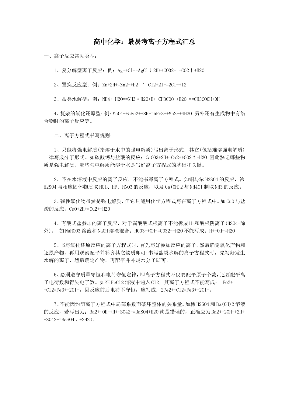 高中化学：最易考离子方程式汇总_第1页