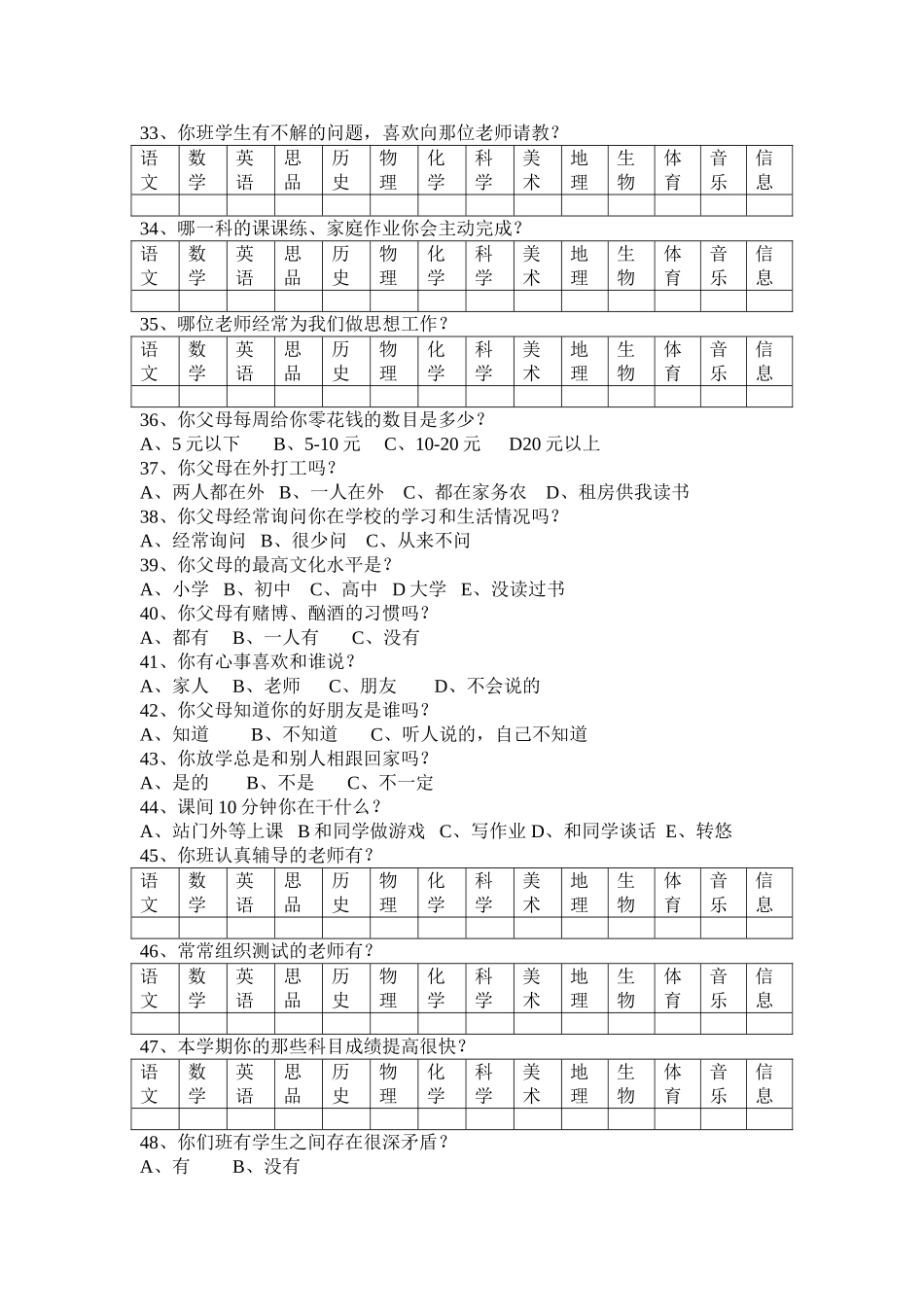 太白初中学生问卷调查表_第3页