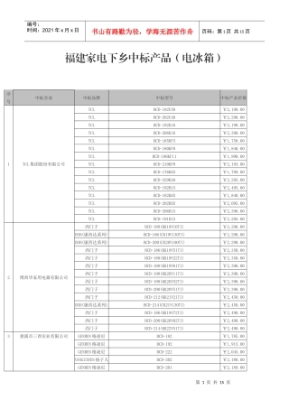 福建家电下乡中标产品(电冰箱)