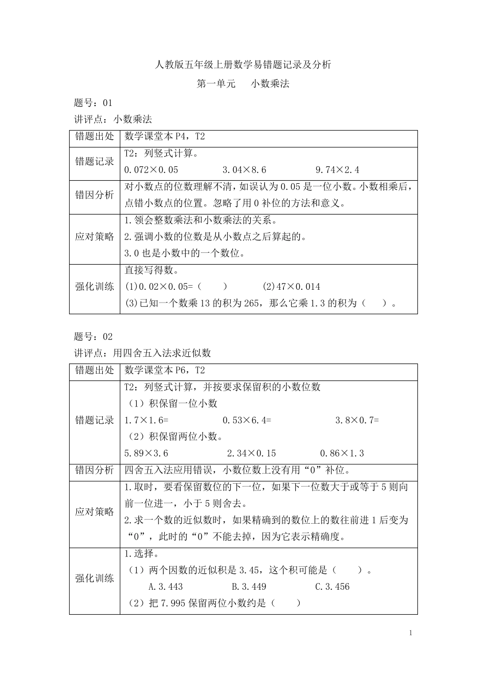 人教版五年级上册数学易错题记录与分析 _第1页
