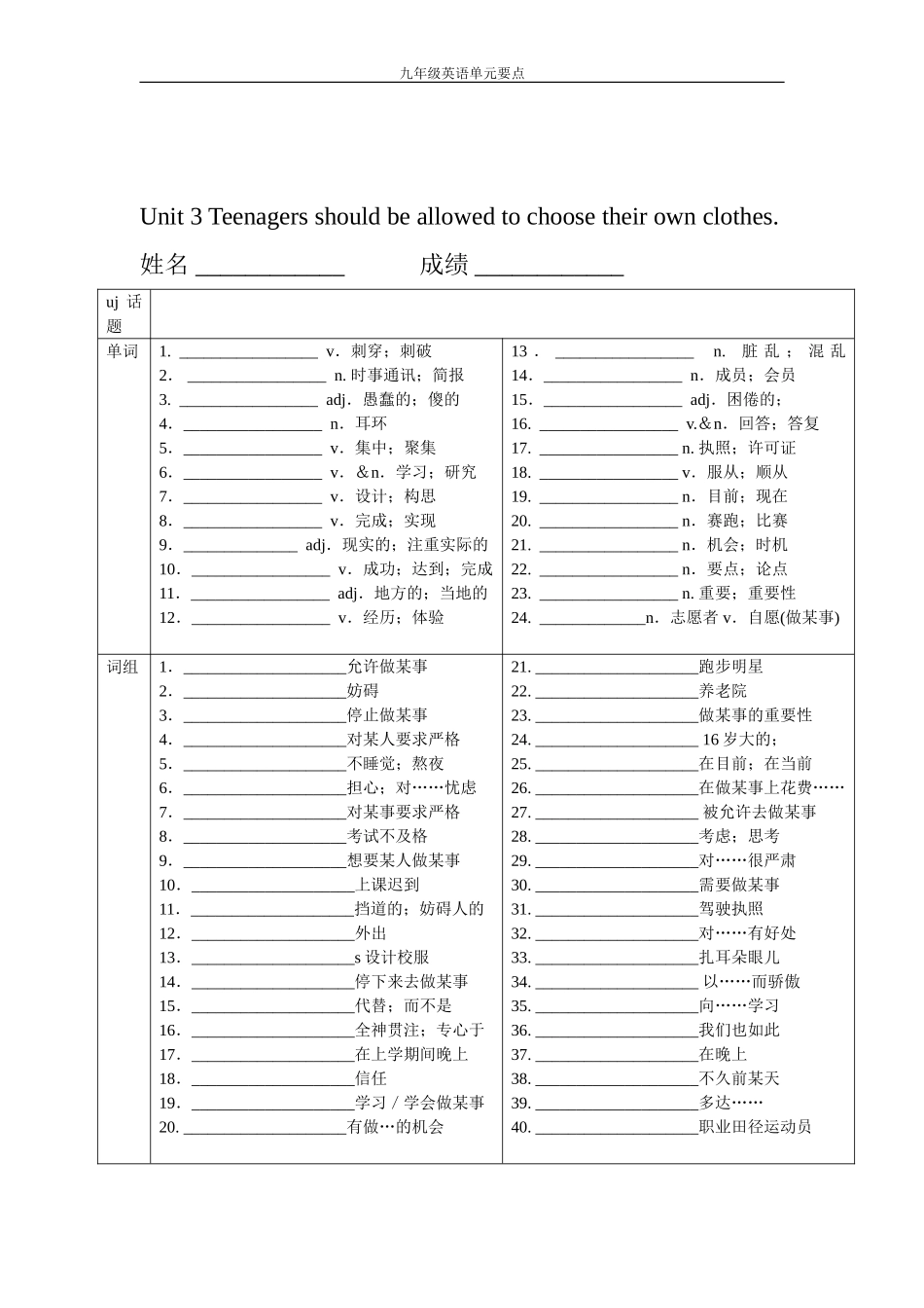 九年级单词测试卷_第3页