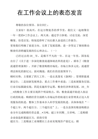在工作会议上的表态发言