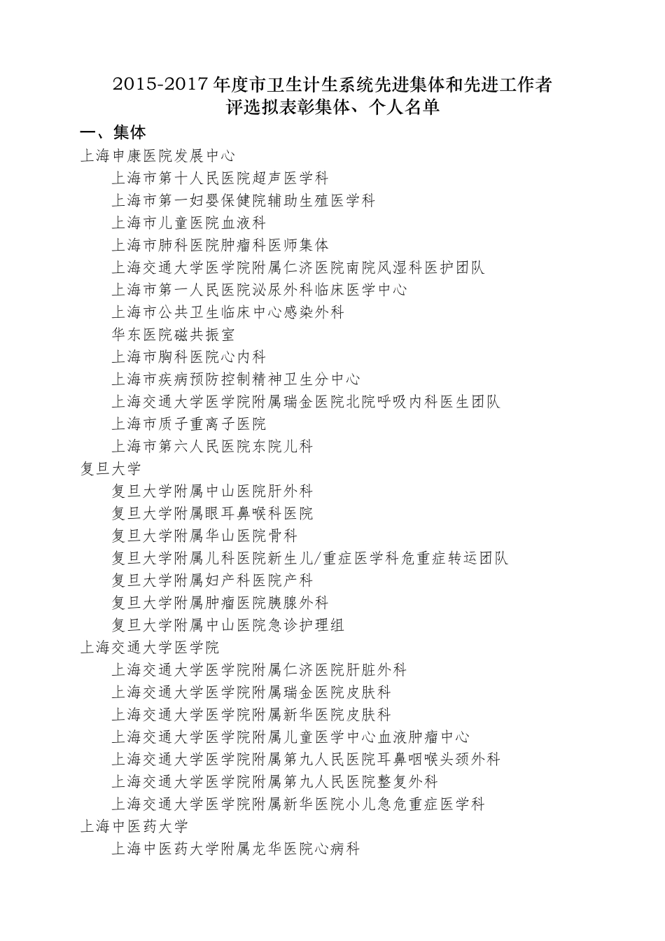 市卫生计生系统先进集体和先进工作者评选拟表彰集体、个人名单_第1页