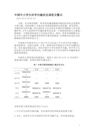 中国中小学生科学兴趣状况调查及警示