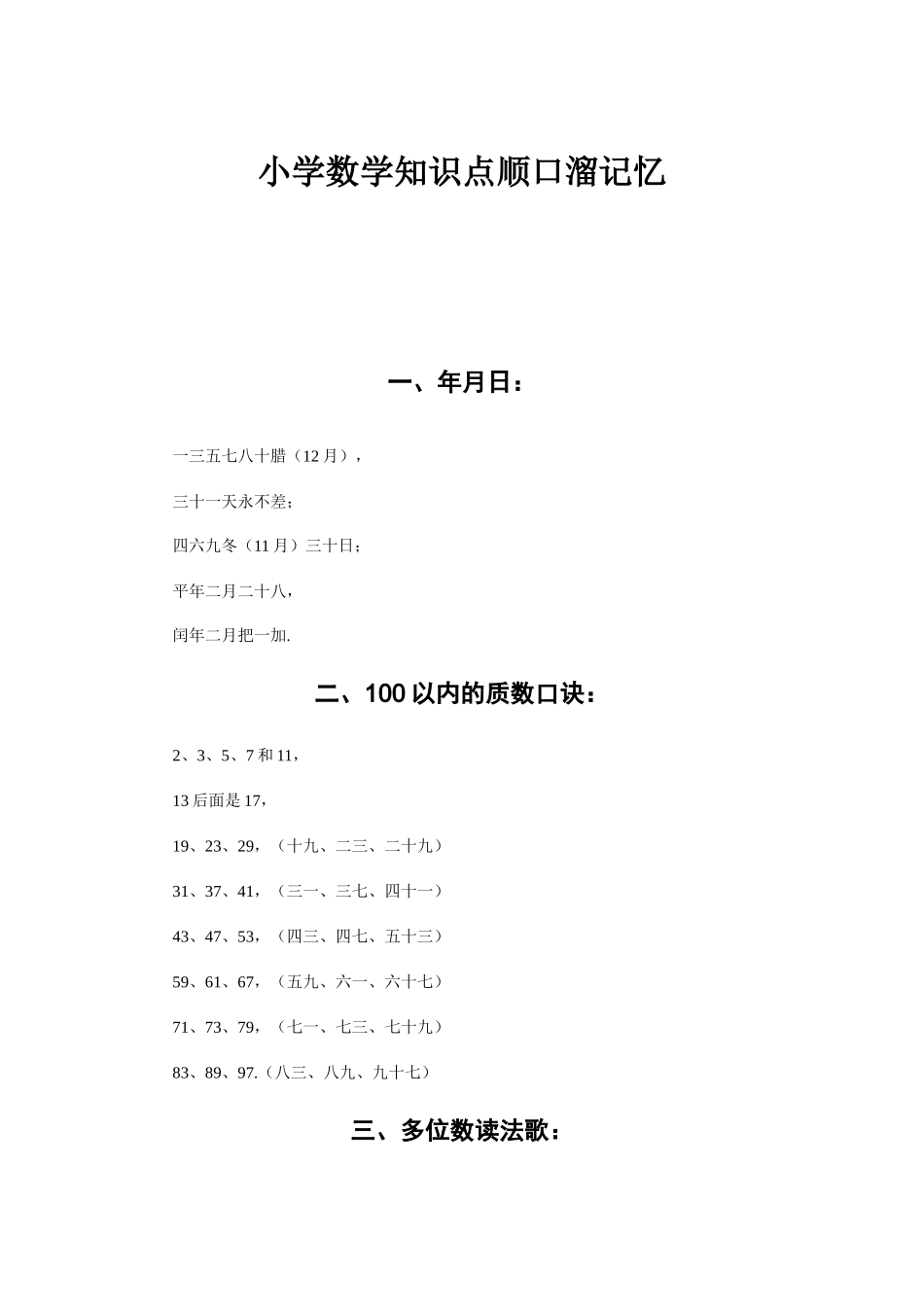 小学数学知识点顺口溜记忆_第1页