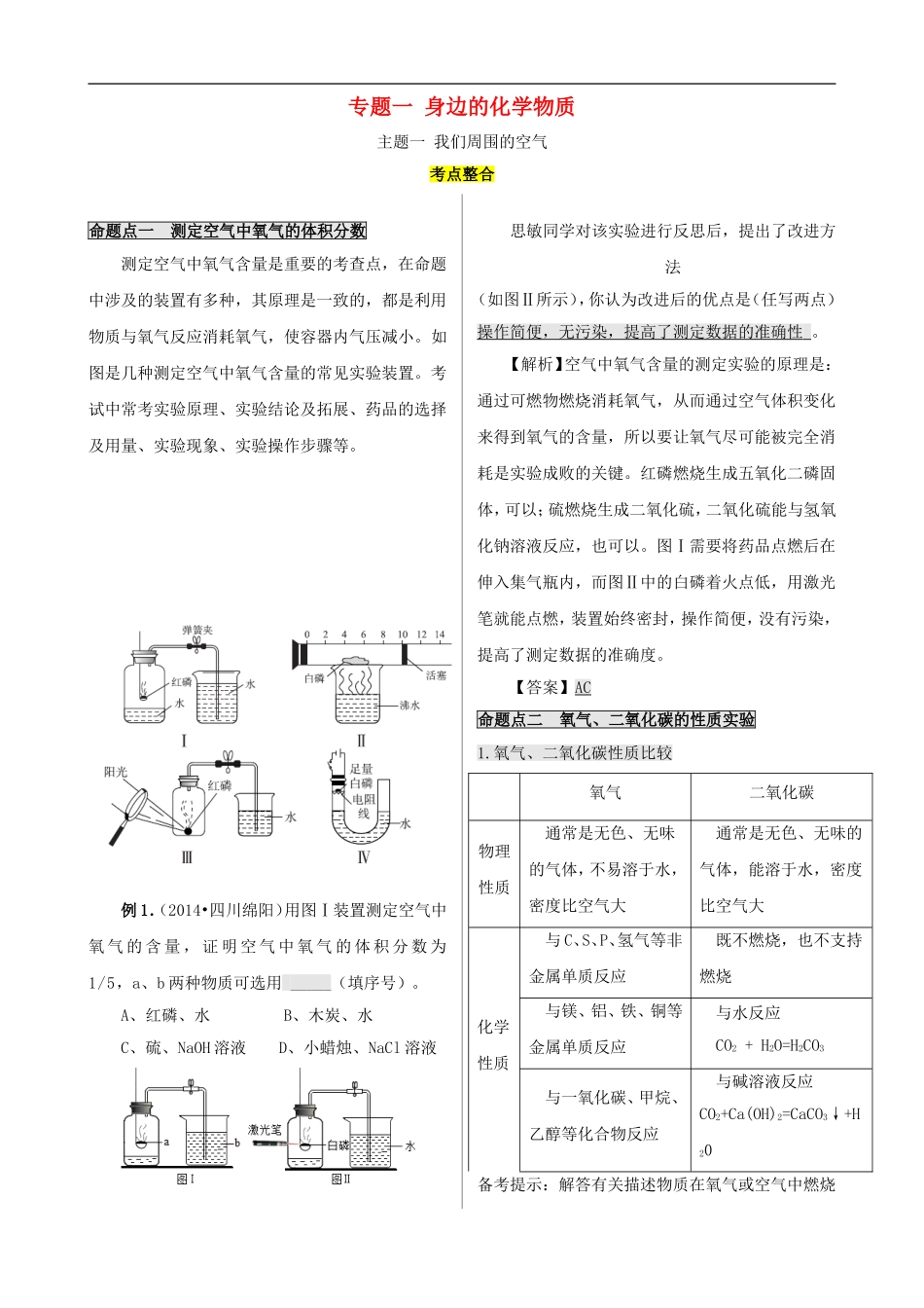 专题复习一-主题1-我们周围的空气_第1页