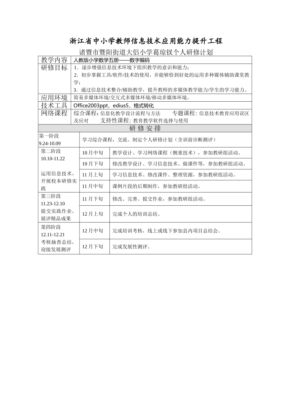 诸暨市暨阳街道大侣小学葛琼钗研修计划_第1页
